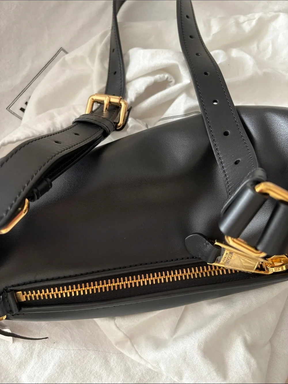 Moschino Black and Gold Logo Crossbody Belt Bag